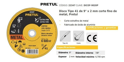 Disco Tipo 41 Corte Fino Metal 9'', 2 Mm Pretul 22347 Color Amarillo