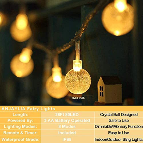 Anjaylia 26 Ft 60 Led Cadena De Luces De Globo Con Pilas, 8 