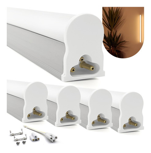 Kit 5 Led Tubular T5 30cm 6w C/ Calha Completa Branco Quente
