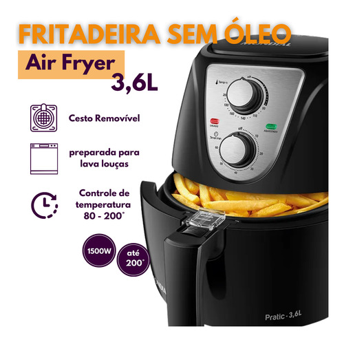 Fritadeira Não Gruda 110v 3,6l Frita Sem Oleo Af36 Pretoinox