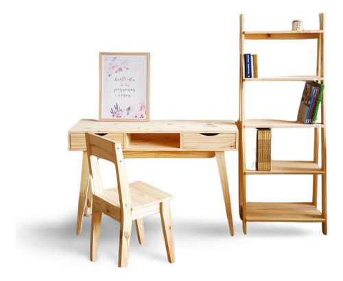 Combo Escritorio + Biblioteca + Silla Madera Pino Nordico 