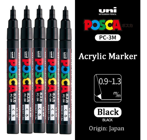 Set De 5 Rotuladores Uni Pen Acrílico Negro Posca Pc-3m
