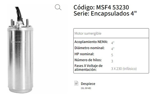 Bomba Sumergible Altamira 5hp 2 Kor4.5 R50-8 C/motor 3f 220v