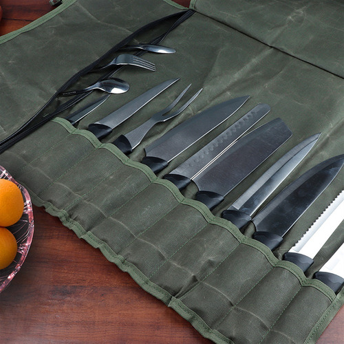 Bolsa Enrollable Para Cuchillos De Chef De Lona Encerada