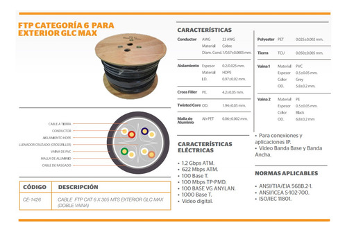 Cable Ftp Cat6 Exterior 4 Pares Glc Ce-1426 X 100mts