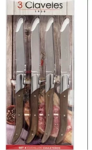 Cuchillos chuleteros 3 Claveles, ¡4 unidades en acero inox y madera!