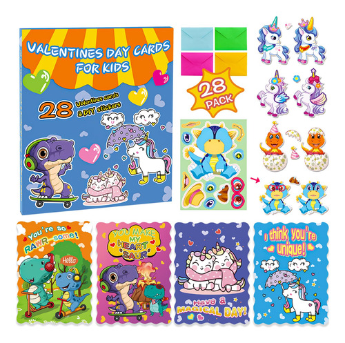 Tarjetas San Valentín Aula Niños Paquete 28 Dinosaurio Unico Color