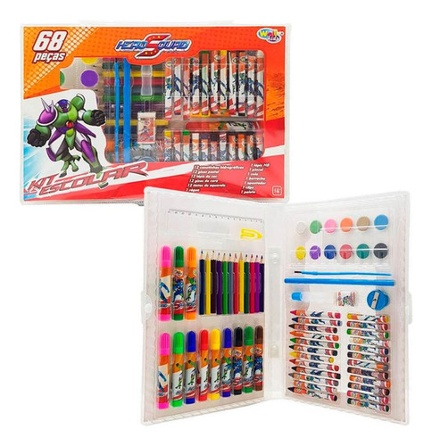 Kit Escolar Estojo Desenhos Canetinhas 68 Peças Hero Squad