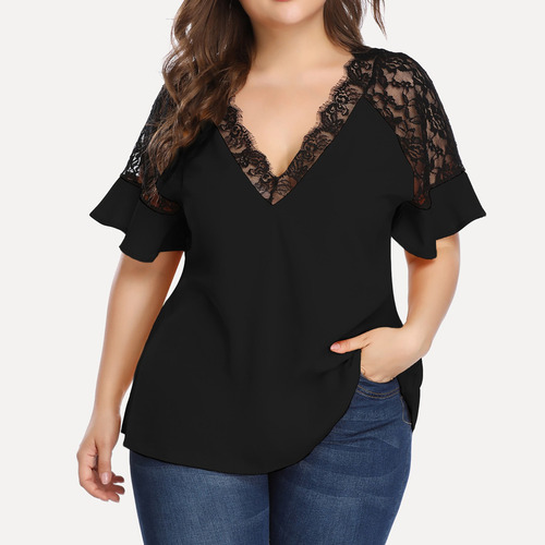 Playera De Mujer, Talla Grande, De Chifón, Cuello En V, Enca