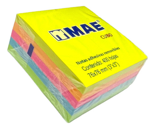 Cubo Notas Adhesivas 7.6x7.6cm Mae Neon Mix 3x3in 400 Hojas