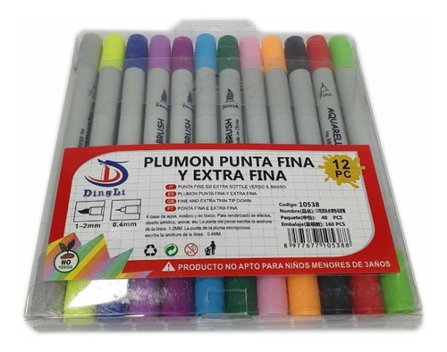 Imagen 1 de 1 de Plumón Marcador Punta Pincel Y Fina 12 Colores Doble Punta