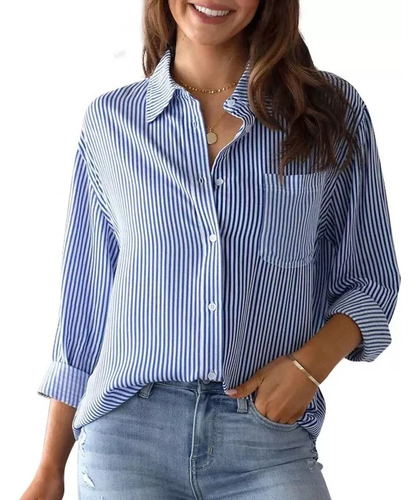 Camisa Holgada De Manga Larga A Rayas Para Mujer