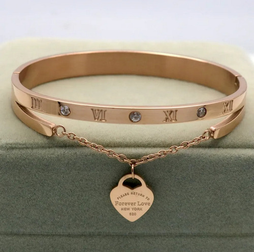 Brazalete Pulsera Para Mujer Color Oro Rosado Con Dije De Corazon Zirconia Chapa De Oro 6.5 Cm 17 Cm