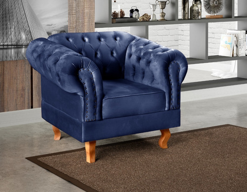 Poltrona Chesterfield Dom Pedro Sofá Botonê Tecido Suede Cor Suede Azul Marinho 210 Desenho Do Tecido Liso