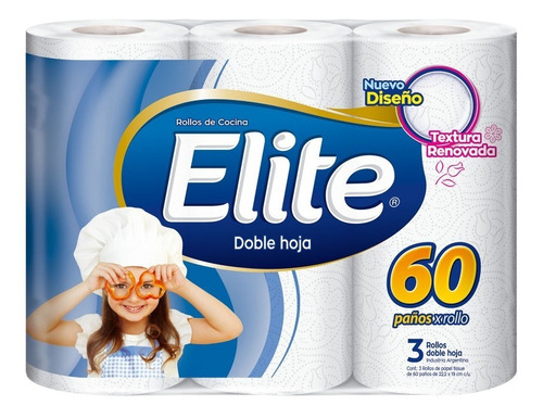 Rollo De Cocina Elite Doble Hoja Paquete 3 Rollos 60 Paños