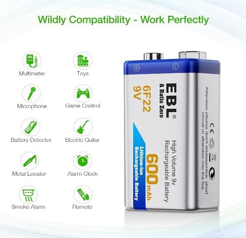 6 Baterias Pilas Recargables 9v Litio 600 Mah Larga Duración
