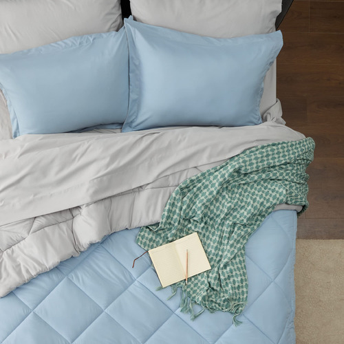 Juego Edredon Y Ropa De Cama Individual Azul Y Gris