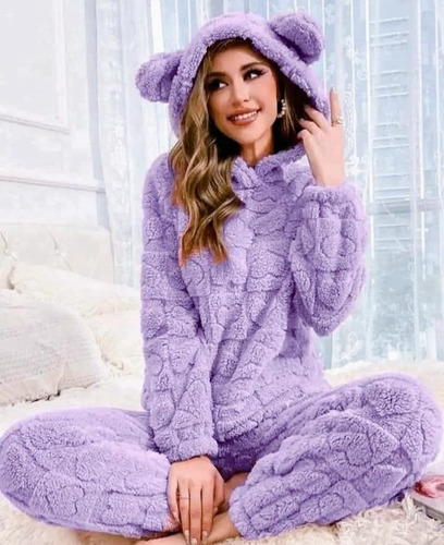 Pijama Mujer Polar Peluche Tramado Invierno Capucha C/orejas