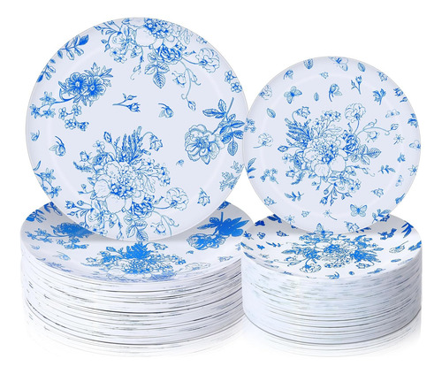 Mifoci Juego De 100 Platos De Plástico Florales Azules Y Bla