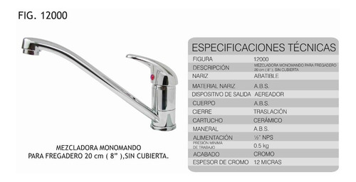 Mezcladora Monomando Abs P/ Fregadero Cromo Fontanery 12000
