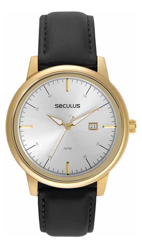 Relogio Seculus Masculino Dourado Pulseira De Couro Preto