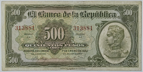 Billete 500 Pesos 01/ene/1951 Colombia Vf