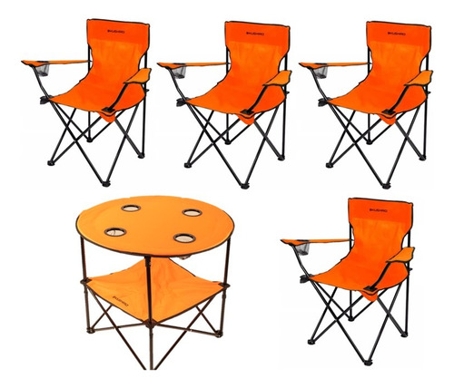 Juego Set Camping Mesa+4 Sillones Portavaso Exterior Calidad