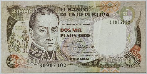 Billete 2000 Pesos 17/dic/1988 Colombia Vf