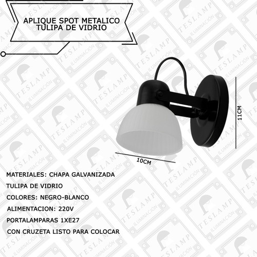 Imagen 2 de 7 de Lampara Aplique Spot Metalico 1 Luz Tulipa Vidrio Apto Led