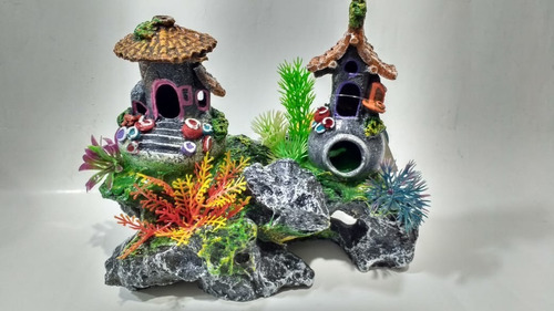 Imagem 3 de 5 de Enfeite Aquário Toca Casinha Dupla Com Rocha E Plantas