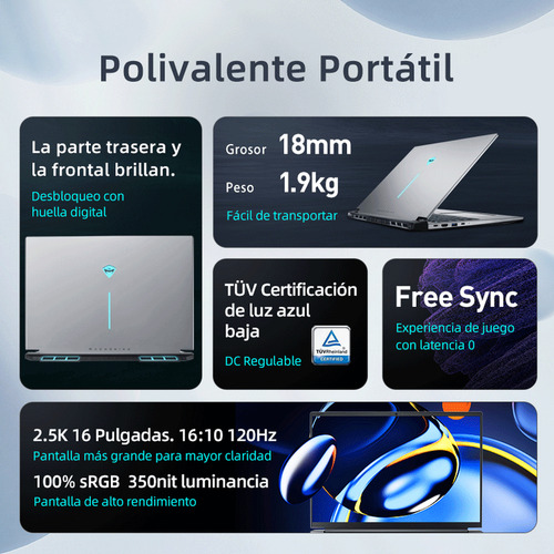 Notebook Laptop Machenike L16Air 16'' Gris 16 Gb RAM 512 Gb SSD 120 Hz 2560 Px X 1600 Px QHD Amd Radeon 680m Amd Ryzen 7 7735h Teclado En Español Windows 11 Pro Sistema Español Latino