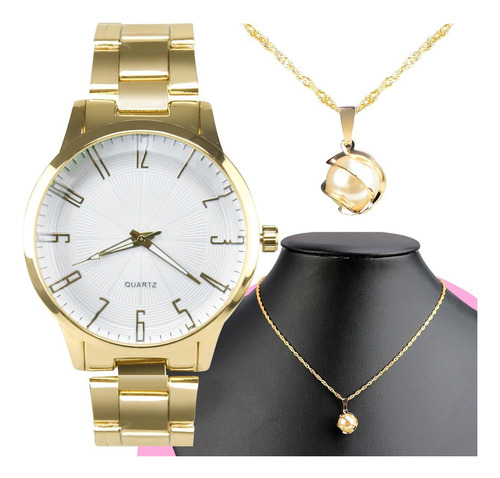 Kit Relógio Feminino Dourado Premium Colar Esfera