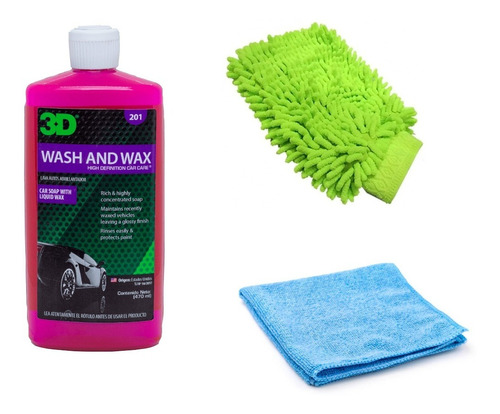 Kit Lavado Auto Shampoo 3d Wash N Wax + Manopla + Microfibra