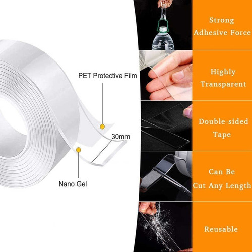 Imagen 2 de 3 de Cinta Adhesiva Doble Contacto Fuerte Transparente 30mm X 3m