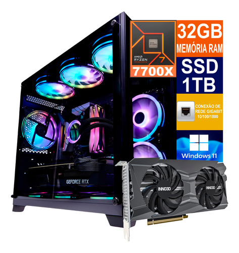 CPU PC Gamer Ryzen 7 7700x Ssd 1 TB, 128 GB DDR5 RTX3060Ti 8 GB