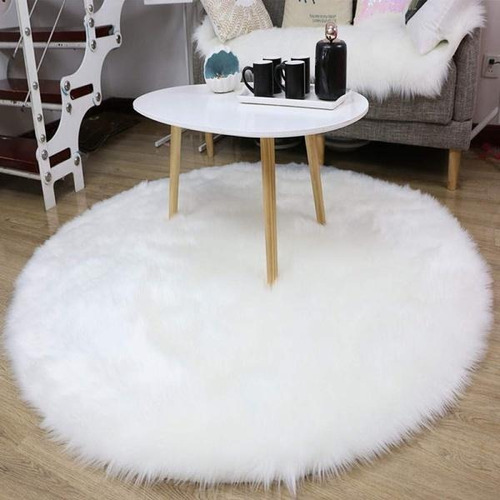 Tapete Decorativo De Pelúcia Pelo Alto Redondo 80cm Branco