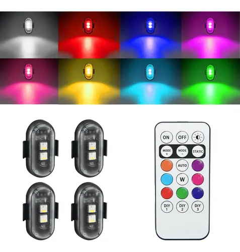 Set De 4 Luces Estroboscópicas LED Inalámbricas – 8 Colores Y 10 Modos, Impermeables IP65 Con Mando A Distancia – Ideales Para Moto, Coche RC, Drones Y Bicicletas