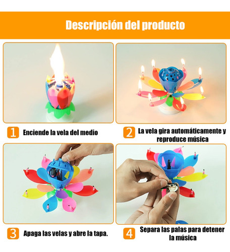 Vela Magica Giratoria Musical Para Pastel Cumpleaños Flor 4p