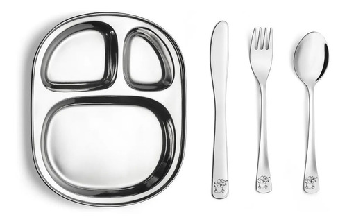 Imagem 2 de 4 de Talher Infantil + Prato Inox Kit Para Servir Infantil 4 Pçs