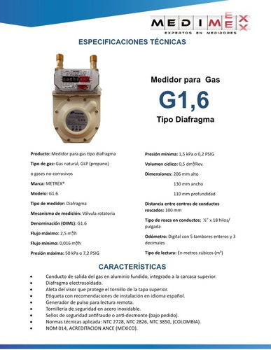 Medidor Metrex Para Gas L.p. Uso Doméstico Modelo G1-6