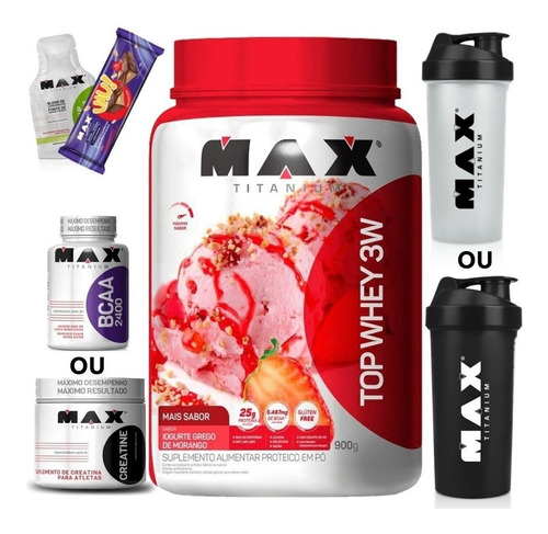Top Whey 3w 900g + Bcaa Ou Creatina + Coqueteleira Max