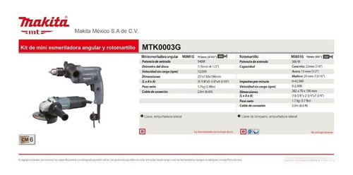 Imagen 2 de 4 de Amoladora 4 1/2 M0901 + Taladro 13mm M0801 (ssp) Makita