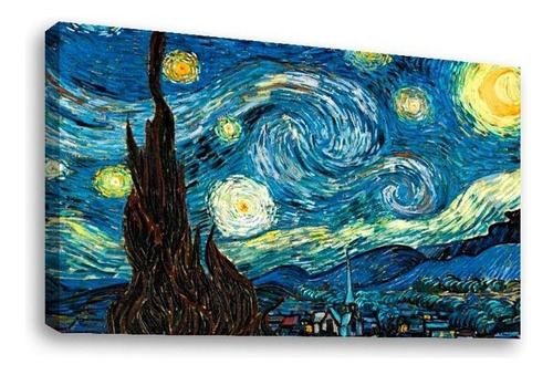 Cuadro Decorativo Canvas Moderno Noche Estrellada Van Gogh Color Natural Armazón Natural