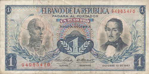 Colombia 1 Peso Oro  12 De Octubre 1963