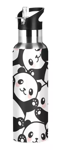 Panda - Botella de agua para niña con tapa de pajita, termo para niños,  termo de acero inoxidable con aislamiento térmico de 20 onzas, Panda1