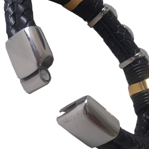 Pulseira Masculina Em Couro E Aço Fecho Imã Modelo Fashion