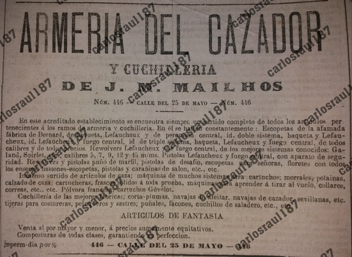 Diario El Siglo De 1874 Aviso Armeria Del Cazador Mailhos