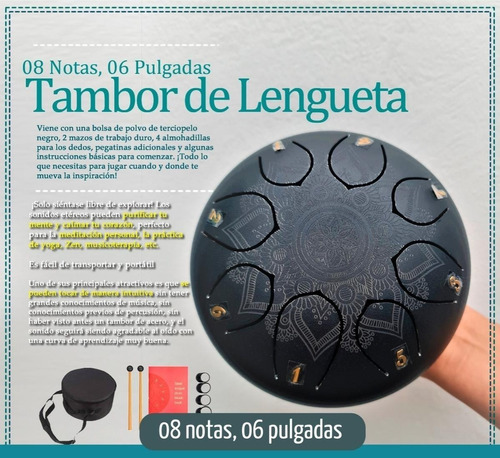 Tambor De Lengueta Negro Mandala 08 Notas, 06 Pulgadas