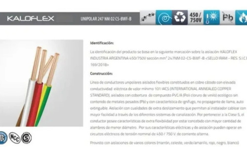 Imagen 3 de 4 de Cable Unipolar Kalop 2,5mm Normalizado Iram X100m Cat4
