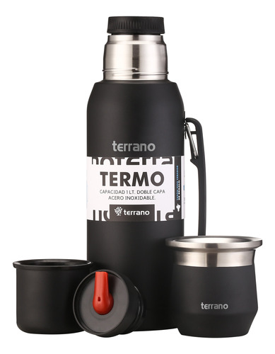 Set Termo 1lt + Mate Acero Flap. Bombilla Regalo. 